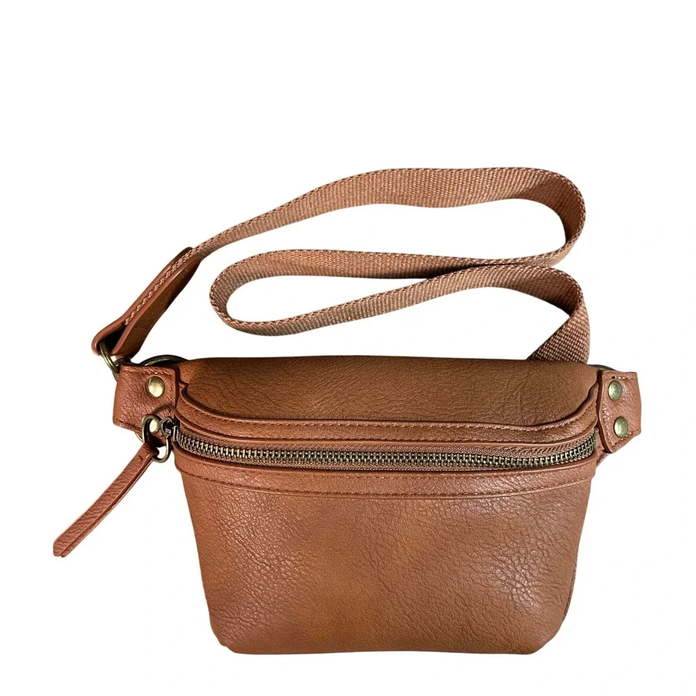 Cognac Brown Pebbled Vegan Leather Belt Bag Waist Pack with Dual Straps